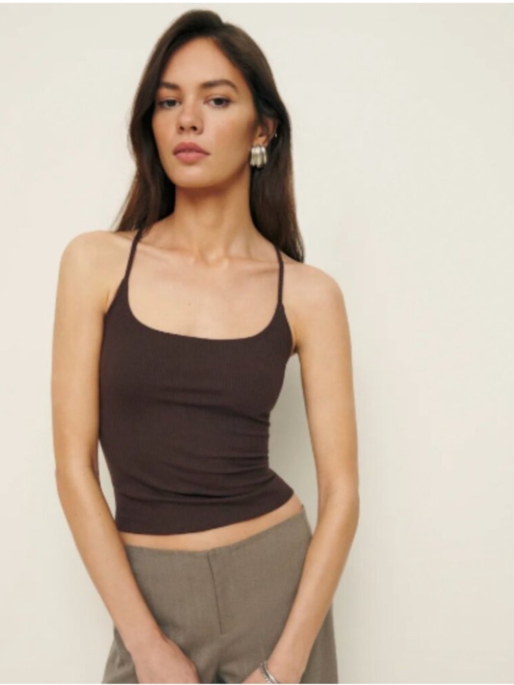 REFORMATION Indie Knit Tank Brown Ribbed Criss Cross Cropped Neutral Basic L